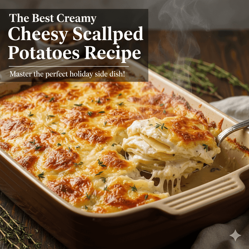 A delicious and creamy dish of cheesy scalloped potatoes, topped with a golden crust and garnished with thyme, perfect for holiday meals.