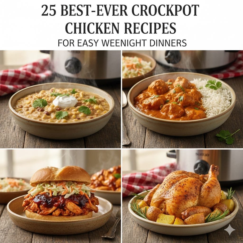 A collage of four delicious crockpot chicken dishes, including a creamy chili, spiced chicken with rice, a BBQ chicken sandwich, and a roasted chicken with vegetables, ideal for quick weeknight meals.