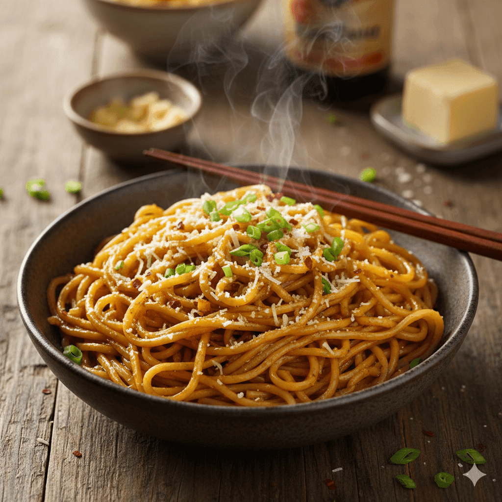 A bowl of savory garlic noodles garnished with scallions