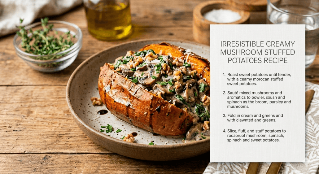 Discover the ultimate comfort food with our Irresistible Creamy Mushroom Stuffed Sweet Potatoes recipe.