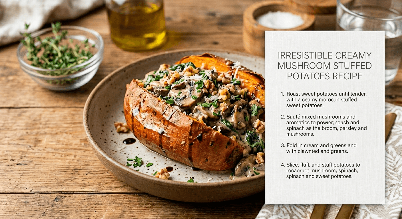 Discover the ultimate comfort food with our Irresistible Creamy Mushroom Stuffed Sweet Potatoes recipe.
